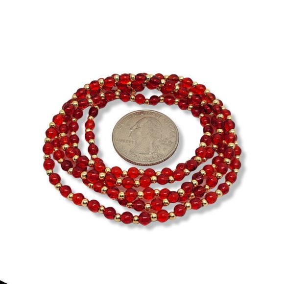 Handmade 4mm Cherry Red Glass Bead 3mm Round Gold Tone Continuous Bead Necklace - Picture 4 of 4